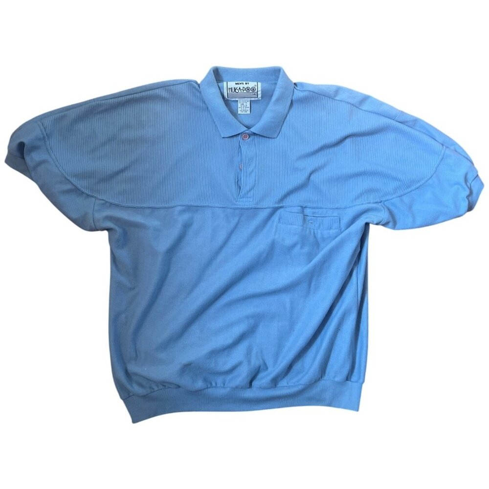 Vintage Huk-A-Poo Mens Blue Short Sleeve Polo Shirt With Ribbed Texture & Pocket